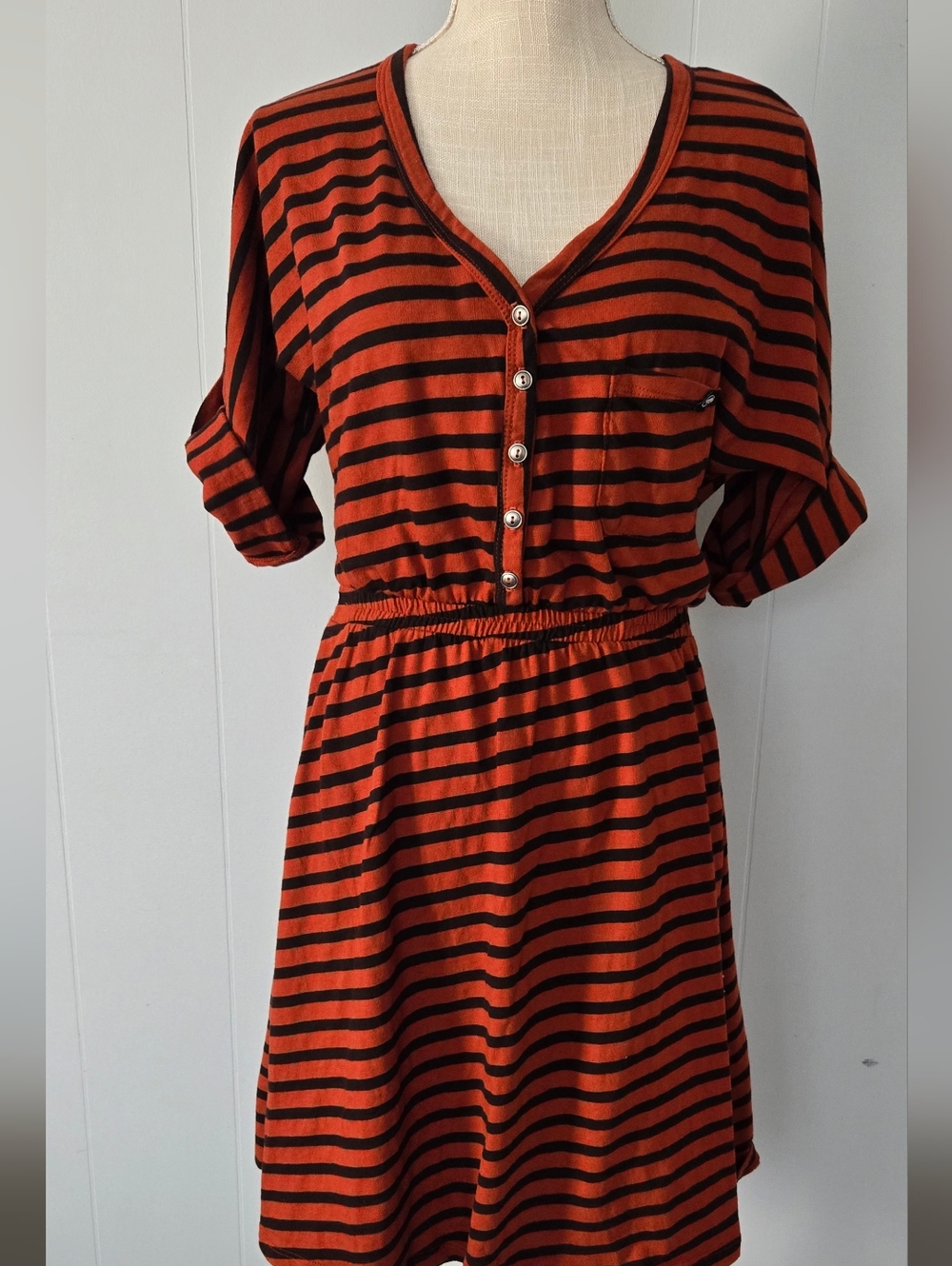 Arbor Rust and Black Striped Button-Front Midi Dress